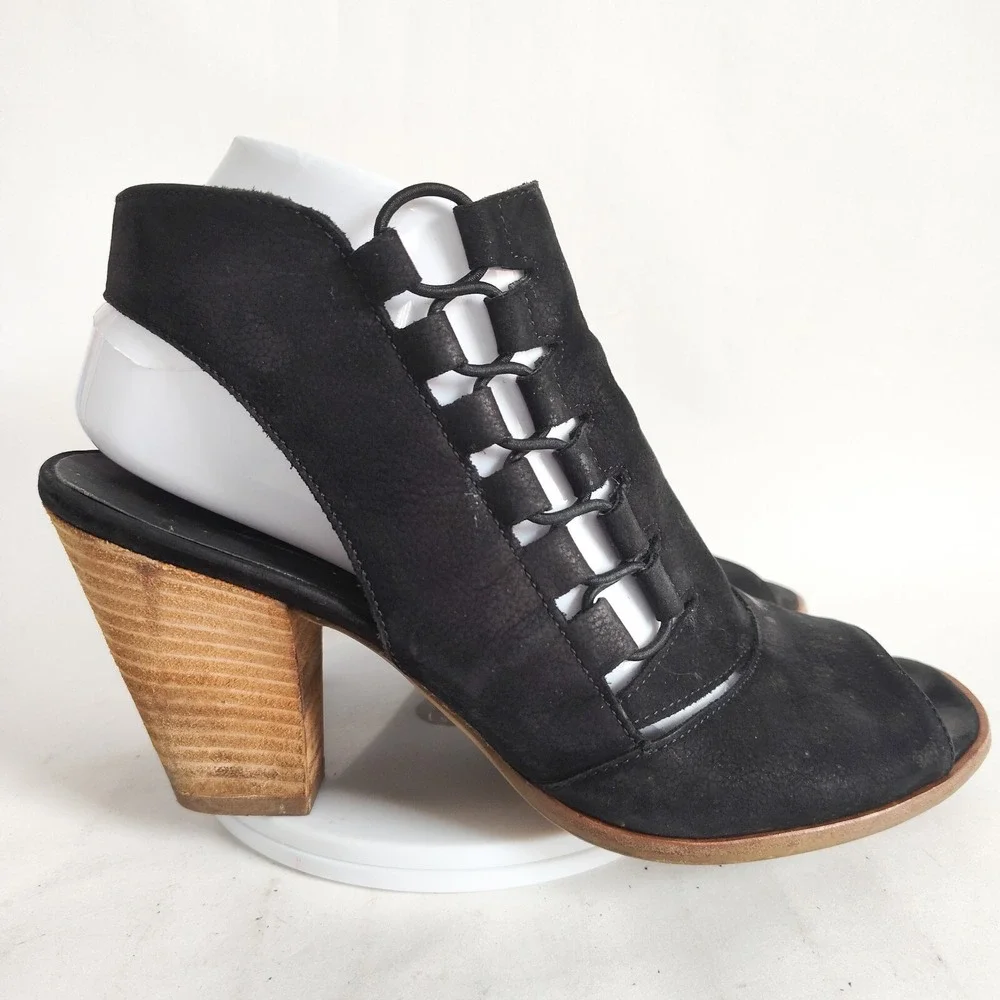Paul‎ Green Sandals 8.5 Womens Black Nubuck Slingback Peep Toe Block Heel Mindy